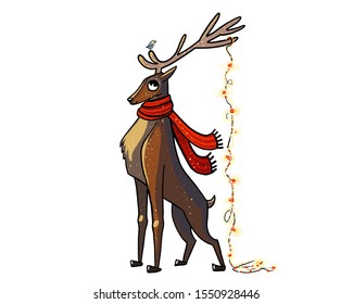 vector illustration deer, elk, Christmas deer, Santa Claus deer, beautiful antlers, winter, holiday card, magic, new year's eve, Christmas garland, Christmas tree decoration on the deer.Cartoon animal