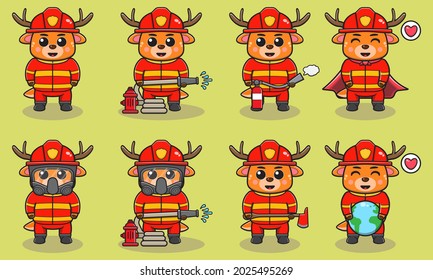 Vector Illustration Of Deer Firefighters Set. Fire Fighter Profession With Flat Design Style. Good For Icon, Label, Sticker, Clipart.