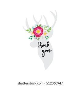 Vector illustration of deer and flowers arranged un a shape design for Thank you card.