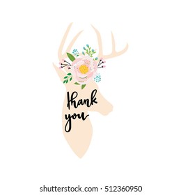 Vector illustration of deer and flowers arranged un a shape design for Thank you card.