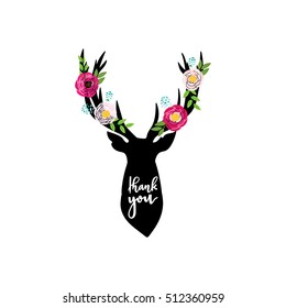 Vector illustration of deer and flowers arranged un a shape design for Thank you card.