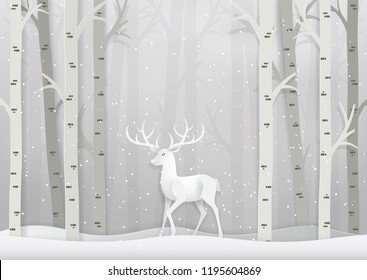 Vektorillustration und Illustration, Taube im Wald mit Schnee, Papier und Kunsthandwerk.
