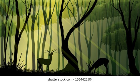 vector illustration of deer in the forest under rays of sunlight, walking in the woods. nature landscape