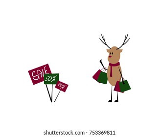 vector illustration of deer going for christmas shopping. sale poster for xmas