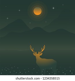 
Vector illustration of deer and green mountains under the yellow full moon, deer silhouette