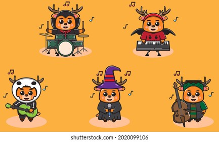 Vector illustration of Deer Halloween. Deer with costume play a musical instrument.