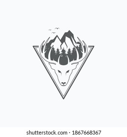 Vector illustration of deer head, forest, mountain and birds in a triangle good for hunting club logo, label, badge, and T-shirt design