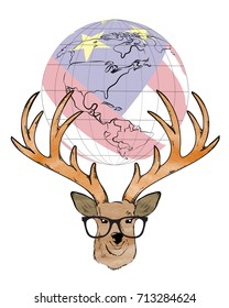 Vector illustration of a deer head, with large horns with the globe of America map