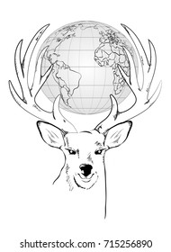 Vector illustration of a deer head, with large horns with the globe of world map