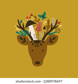 vector illustration of a deer head and mushrooms, retro style folk scandinavian illustration