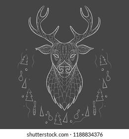 Vector illustration of deer head in zentangle style. Christmas New Year holiday symbol