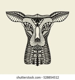 Vector illustration of deer head in zentangle style on a beige background