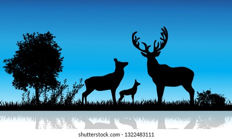 Vector illustration of deer, hind and baby hind in nature on white background. Wild animal.