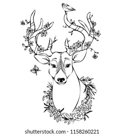 Vector illustration, deer, horns, flovers