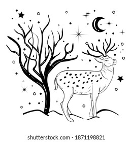 Vector illustration of a deer with landscape. Can be used for tattoo, greeting card, t shirt print, souvenir products and phone case.