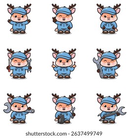 Vector Illustration of Deer Mechanic Cartoon Character. Mechanic Character Vector Illustration. Deer Character animal. Mechanic Mascot.