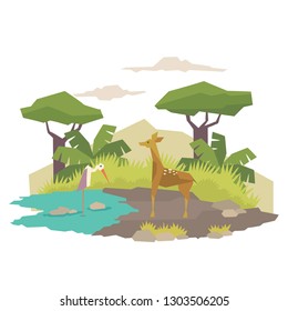 Vector illustration of deer near water in geometric flat style. Can be used as a sticker, icon, logo, design template, card, banner. 