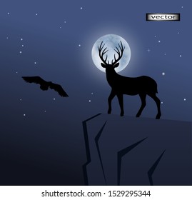 Vector illustration of a deer on the background of the moon standing on a mountain, an eagle flying in the sky silhouette