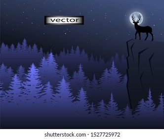 Vector illustration of a deer on a mountain standing over a forest on the background of the moon in a dark sky at night