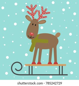 Vector illustration of a deer on a sleigh on a snow background