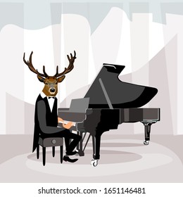 Vector illustration of a deer at the piano on stage. Classical music concert featuring a deer pianist.
