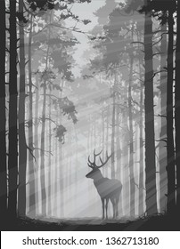 Vector illustration with a deer in a pine forest. The illustration is made with a clipping mask so that you can slightly change the proportions. You can also remove the rays of light and deer.