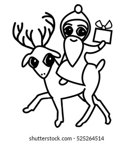 Vector illustration of deer riding Santa in black and white 