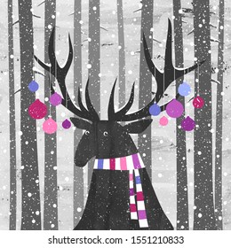 Vector illustration of a deer with scarf and Christmas ornaments on its horns on background of pine tree forest