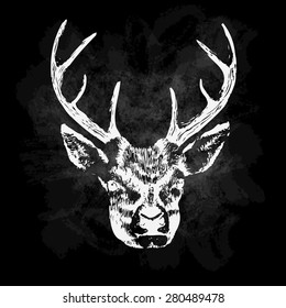 Vector illustration of deer silhouette. Calligraphic poster or postcard. Chalk design.