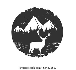 Vector illustration with deer silhouette and hand-drawn lettering. Adventure is out there. Hand Drawn Typographic emblem, Vector Illustration for you project