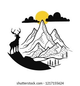 Vector illustration with deer silhouette and outdoor mountain landscape with clouds, sun and pine trees. Inspirational design for logotypes, emblems, badges, prints and stickers