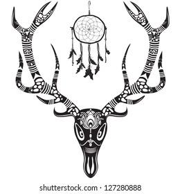 Vector illustration of a deer skull in black and white - tattoo in graphic style