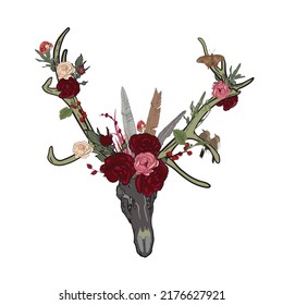 Vector illustration deer skull in boho style  Skull in flowers   feathers as blank for designers  logo  icon  print