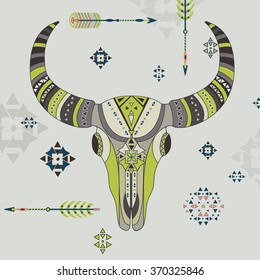 Vector illustration deer skull. Rustic Antlers.Tribal style. Set of arrows, dream catchers,  Navajo american isolated elements. Aztec logos and badges, indian.