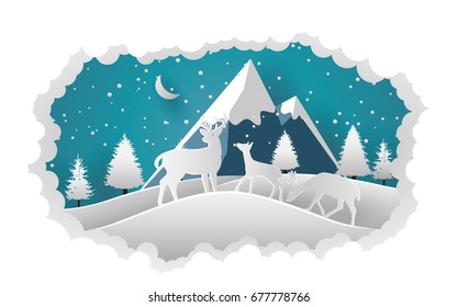 vector illustration of deer and snow mountain in winter. paper art style