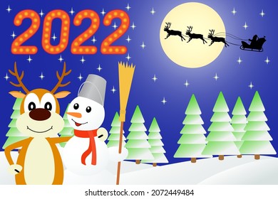 Vector illustration the deer and the snowman.
