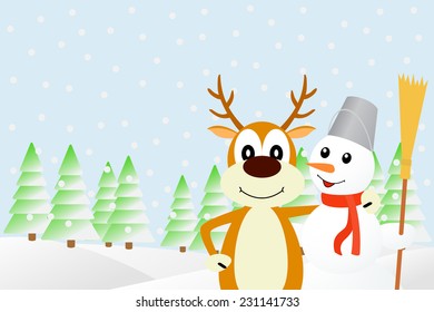 Vector illustration the deer and the snowman.