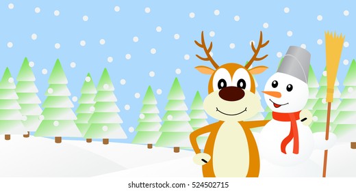Vector illustration the deer and the snowman.