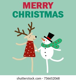 Vector illustration of a deer and snowman text merry christmas