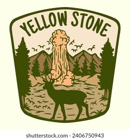 VECTOR ILLUSTRATION OF DEER STANDING ON YELLOW STONE NATIONAL PARK BADGE DESIGN 