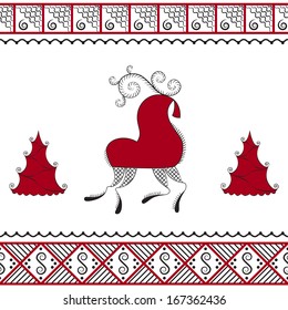 vector illustration of a deer in the style of Russian folk art with symbols of good luck wishes in red and black color