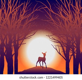  vector illustration of deer in sunset forest. nature landscape, stars, sunset glow, twilight