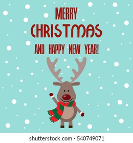 Vector illustration of a deer with text merry christmas and happy new year on a snow background