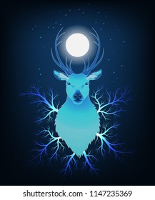 Vector illustration of a deer under the moon surrounded by blue branches and stars on the background of a night.
