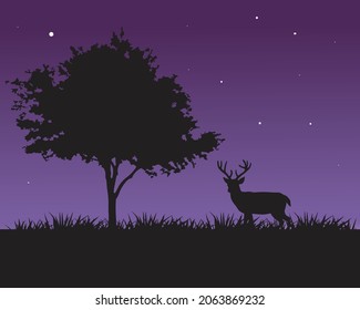ilustración vectorial de un ciervo caminando en un campo bajo el cielo nocturno