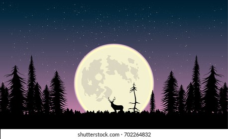 vector illustration of deer walking in the pine forest at night. Starry sky, full moon and animal silhouette