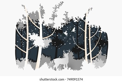 vector illustration of deer in the winter forest. design paper art and crafts