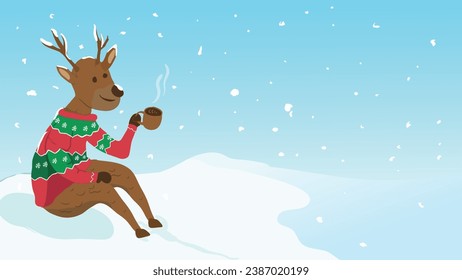 Vector illustration deer winter landscape background, snow background, merry christmas background, copy space