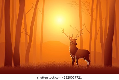 Vector illustration of a deer in the woods, beautiful scenery