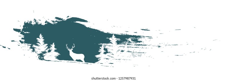 vector illustration of deer in the woods on the blue paint stroke